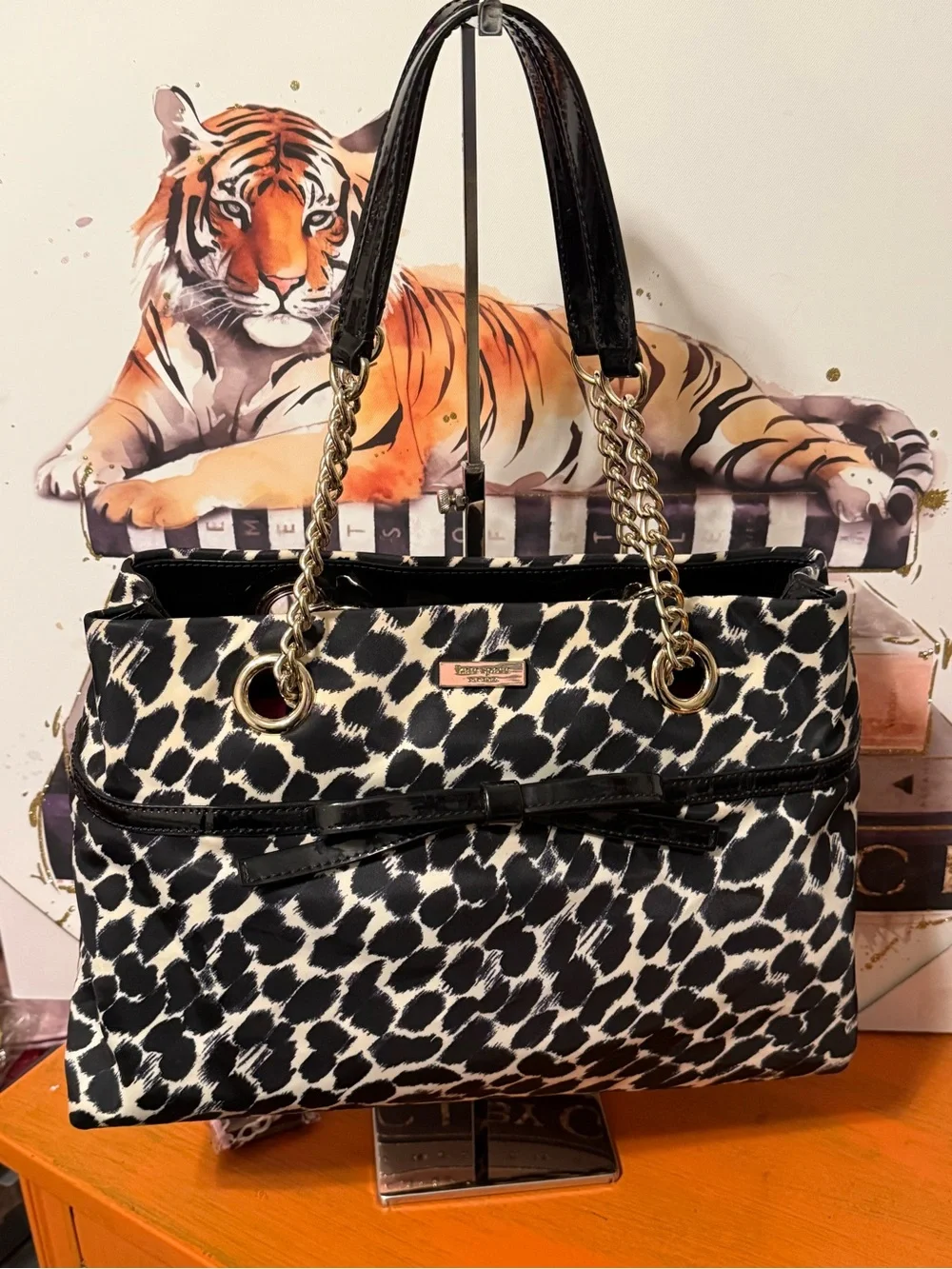 kate spade Black and White Leopard Print Shoulder Bag with Gold Chain Handles